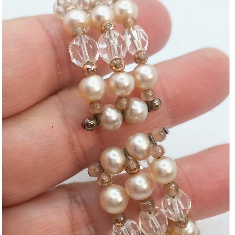 Vintage Faux Pearl Cuff Bracelet Three Strands Flex Fit Crystal Beaded Classic - Picture 7 of 10